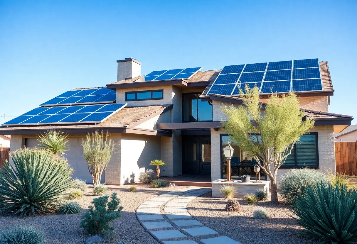 An eco-friendly house in Phoenix, AZ with solar panels and drought-resistant landscaping.