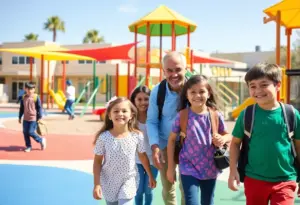 Family visiting local school in Phoenix with children playing.