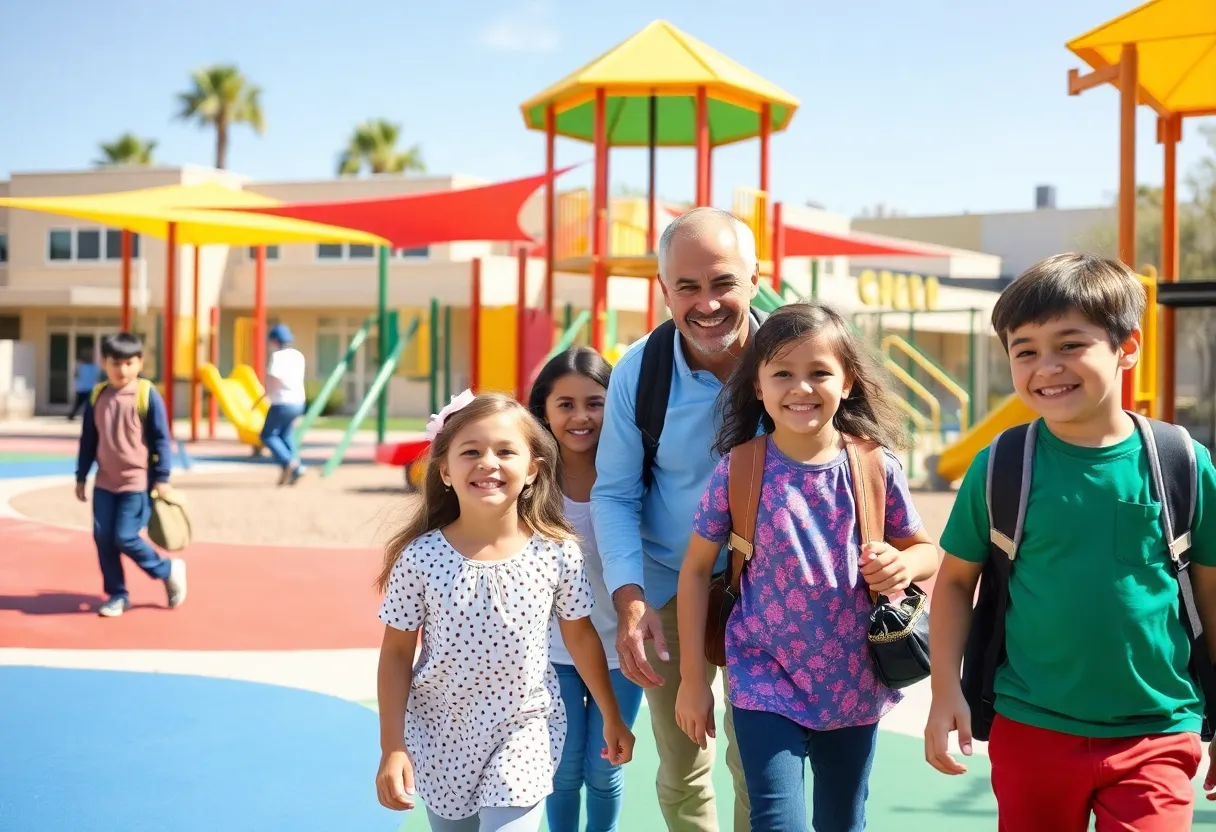Family visiting local school in Phoenix with children playing.