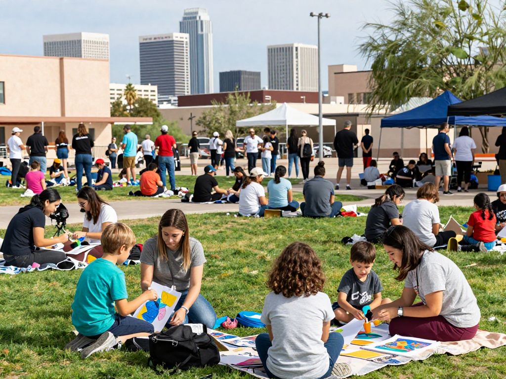 Families participating in an outdoor art event in Phoenix