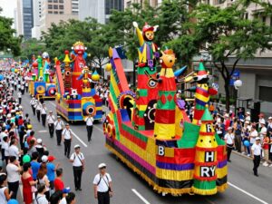 Floats and spectators at the Fiesta Bowl Parade in Phoenix