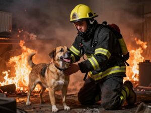 Firefighter carrying a rescued dog from a house fire