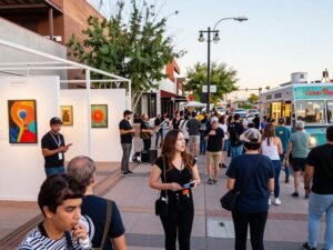 A bustling scene of First Friday in Downtown Phoenix with local art, food trucks, and music.