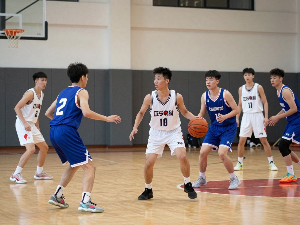 Diverse young basketball players demonstrating teamwork on court