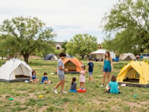 Families enjoy activities at the Friendly Pines Camp Open House in Prescott, Arizona.
