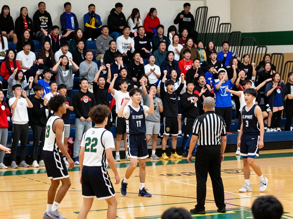 Joyful scene of a high school basketball gym as a referee returns after health scare.