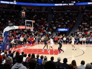 Action shot of the GCU women's basketball team during a game