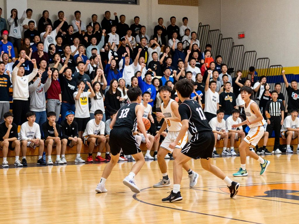 High school basketball game with energetic players and cheering fans.