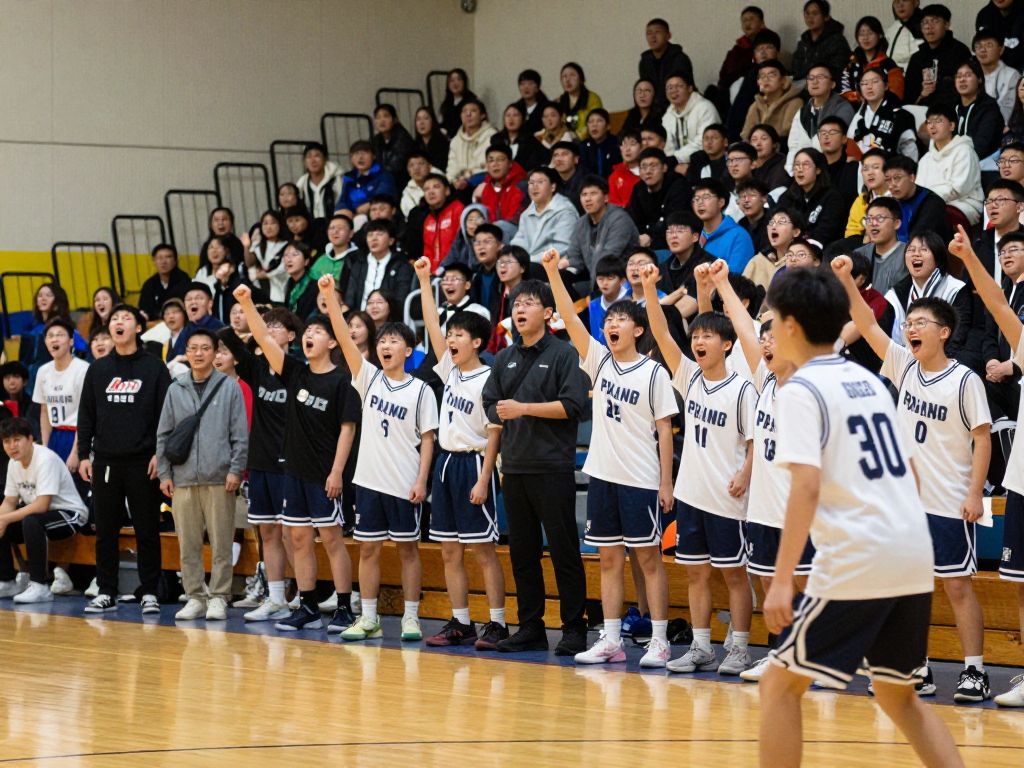 High school basketball game with fans cheering