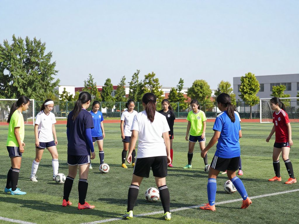 Girls soccer team practicing on a field