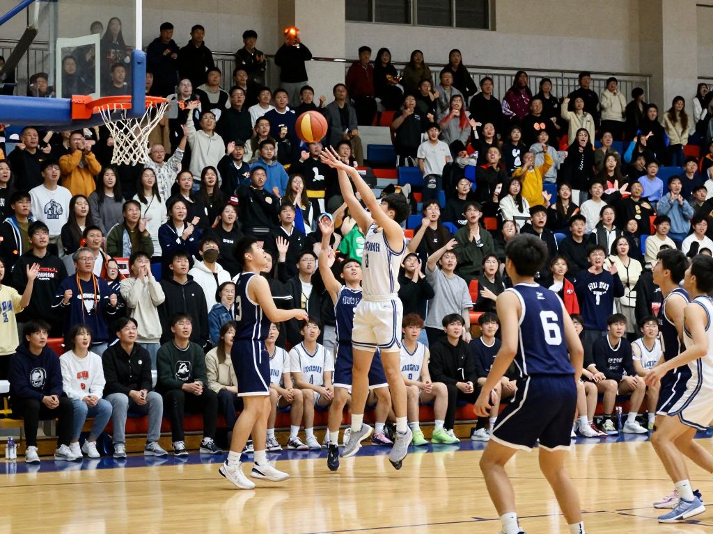 An energetic basketball game at a high school with cheering fans.