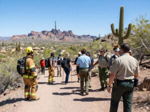 Participants hiking with firefighters on a trail in Phoenix