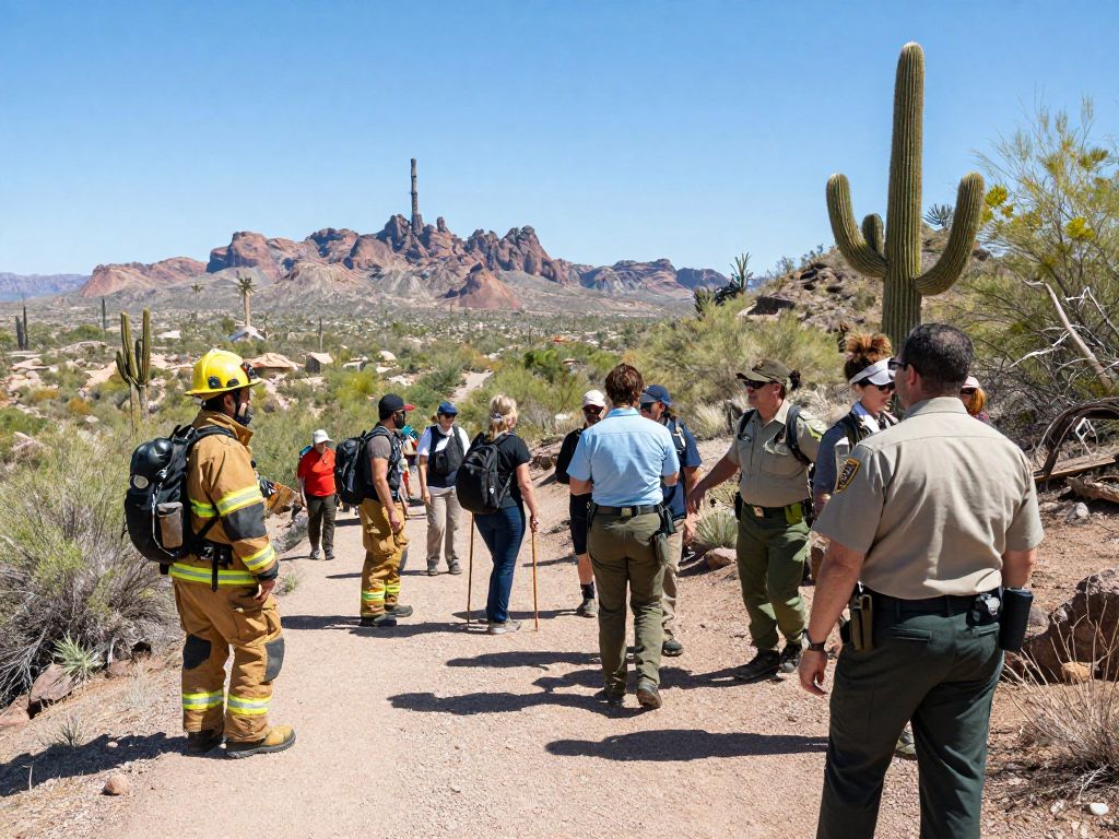 Participants hiking with firefighters on a trail in Phoenix