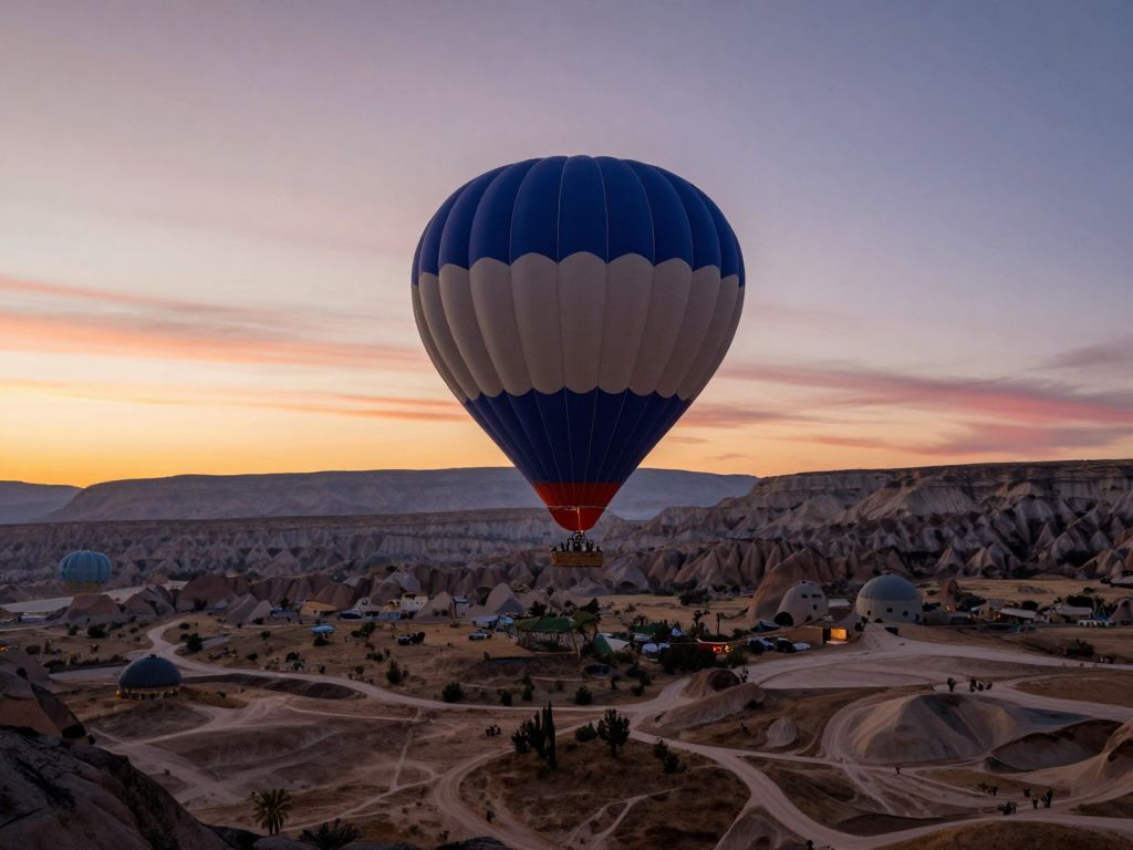 A hot air balloon in the sky at sunrise over the Arizona desert
