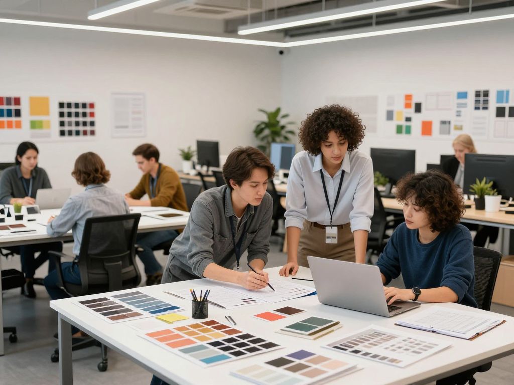 Architects and designers working in a vibrant design studio.