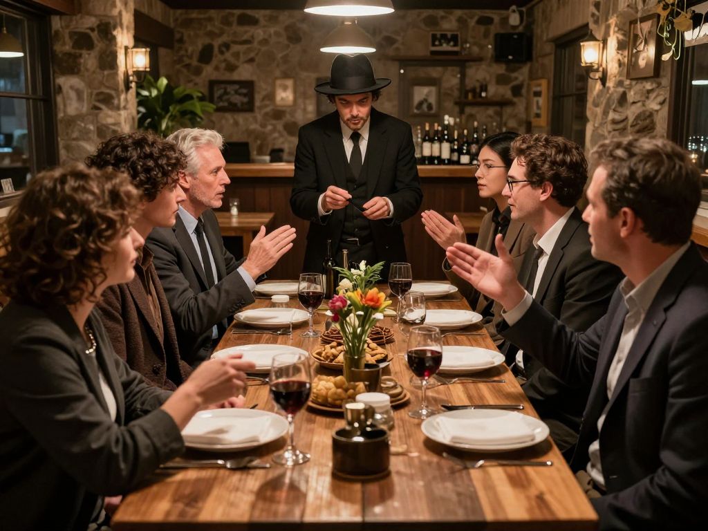 Guests engaging in an interactive murder mystery dinner theater in Phoenix.