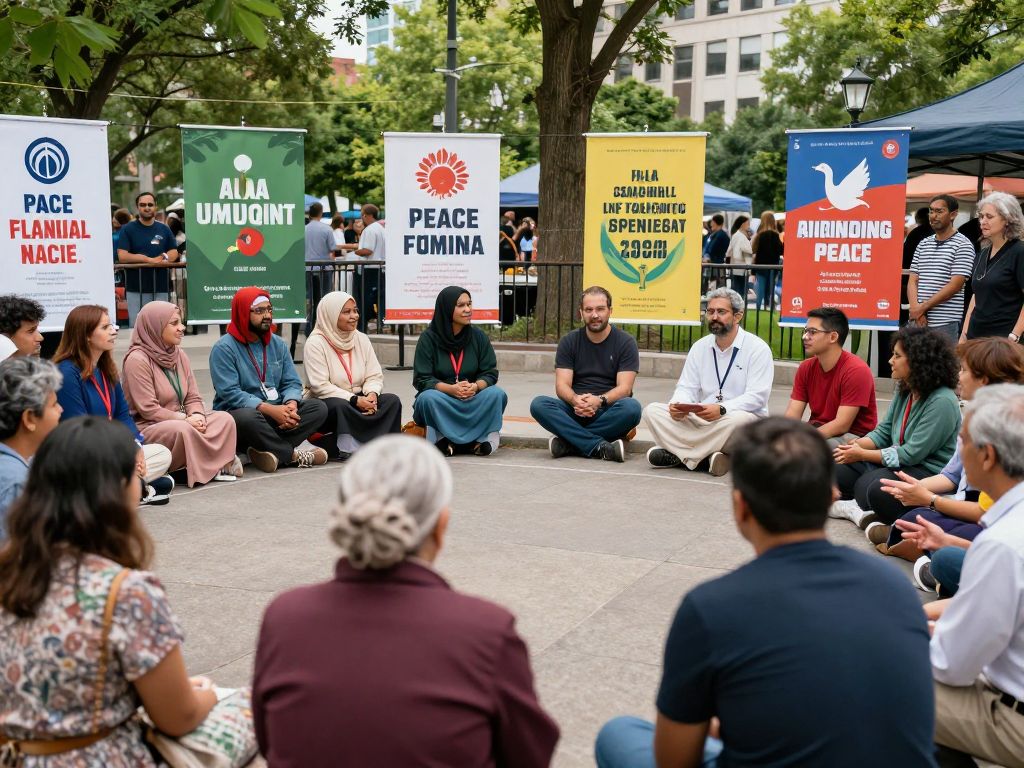 Diverse people engaging in discussions during Interfaith Harmony Week in Houston