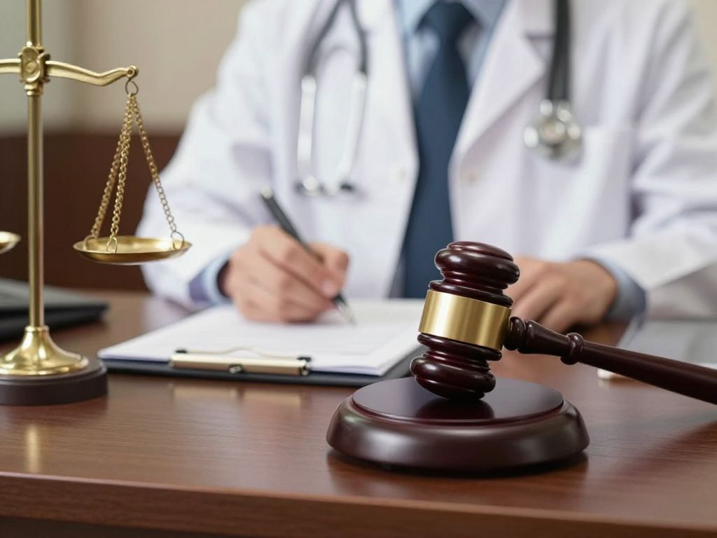 Symbolic representation of justice in healthcare with a gavel and medical items.