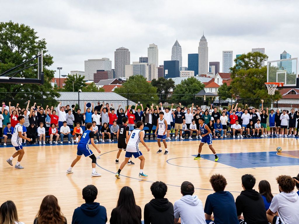 High school basketball teams competing on a court in Kansas