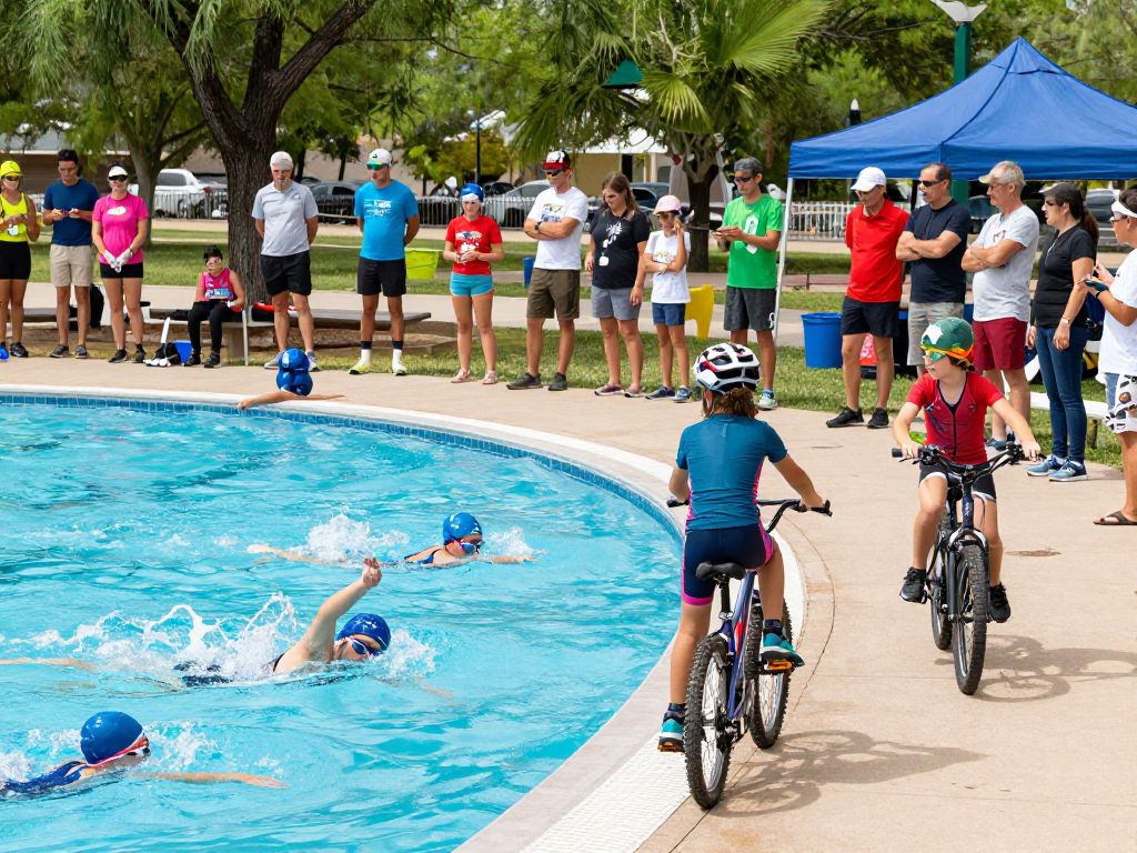 Children competing in the Kids Triathlon at Pecos Park, Phoenix