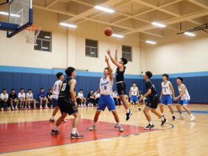 High school basketball game between Prescott Lady Badgers and Sunnyslope Lady Vikings in action.