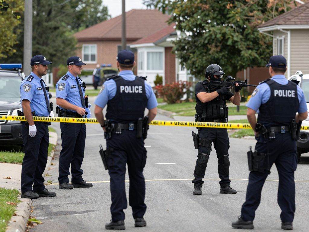 Police officers investigating a crime scene after a shooting and armed confrontation.