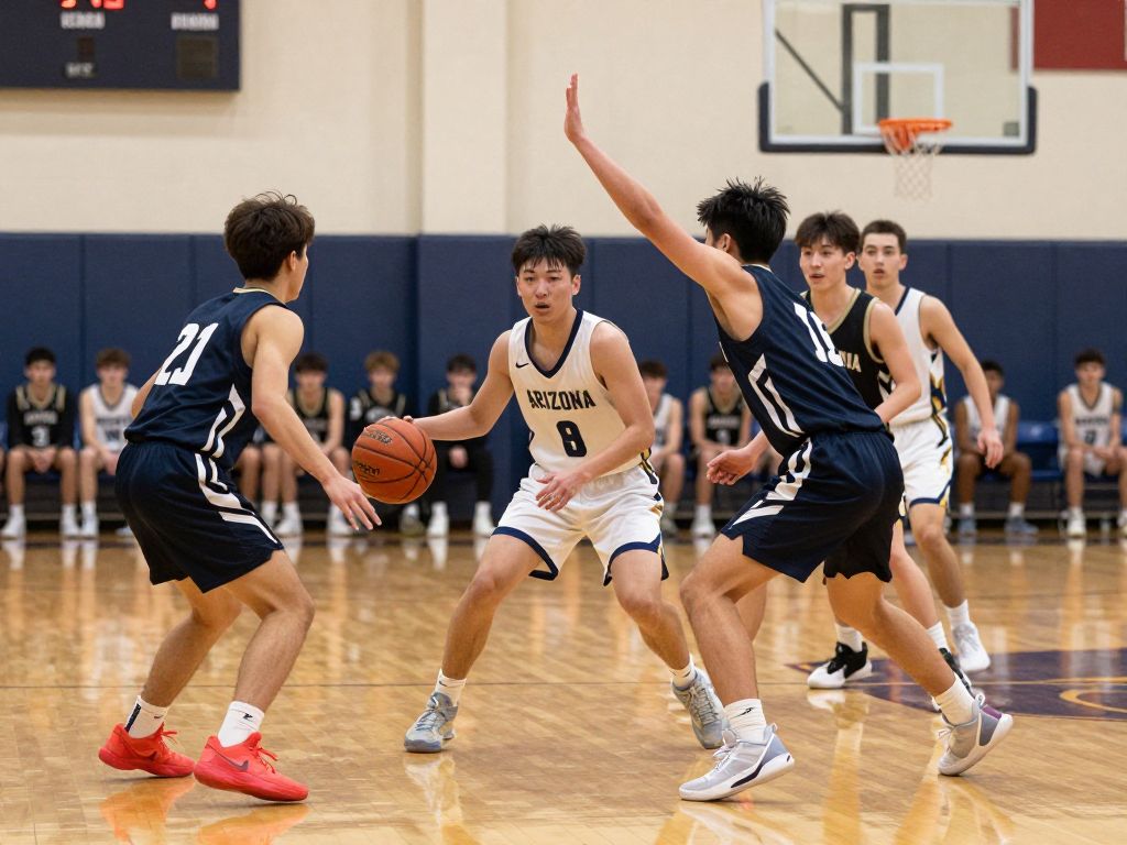 Action shot of a high school basketball game between Patagonia Lobos and North Phoenix Gladiators.