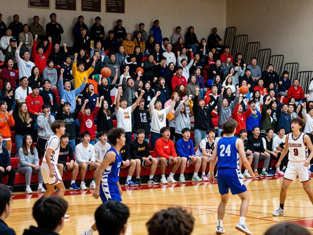 High school basketball game with fans cheering in the background.
