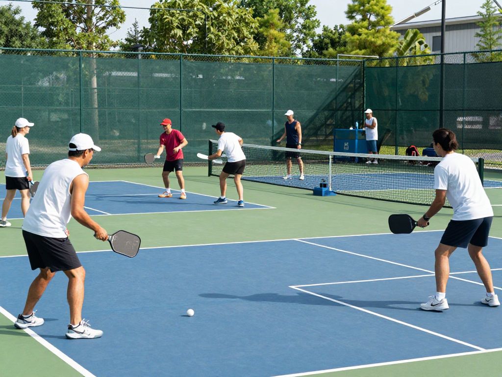 Adults participating in a pickleball clinic at Mesa Tennis & Pickleball Center.