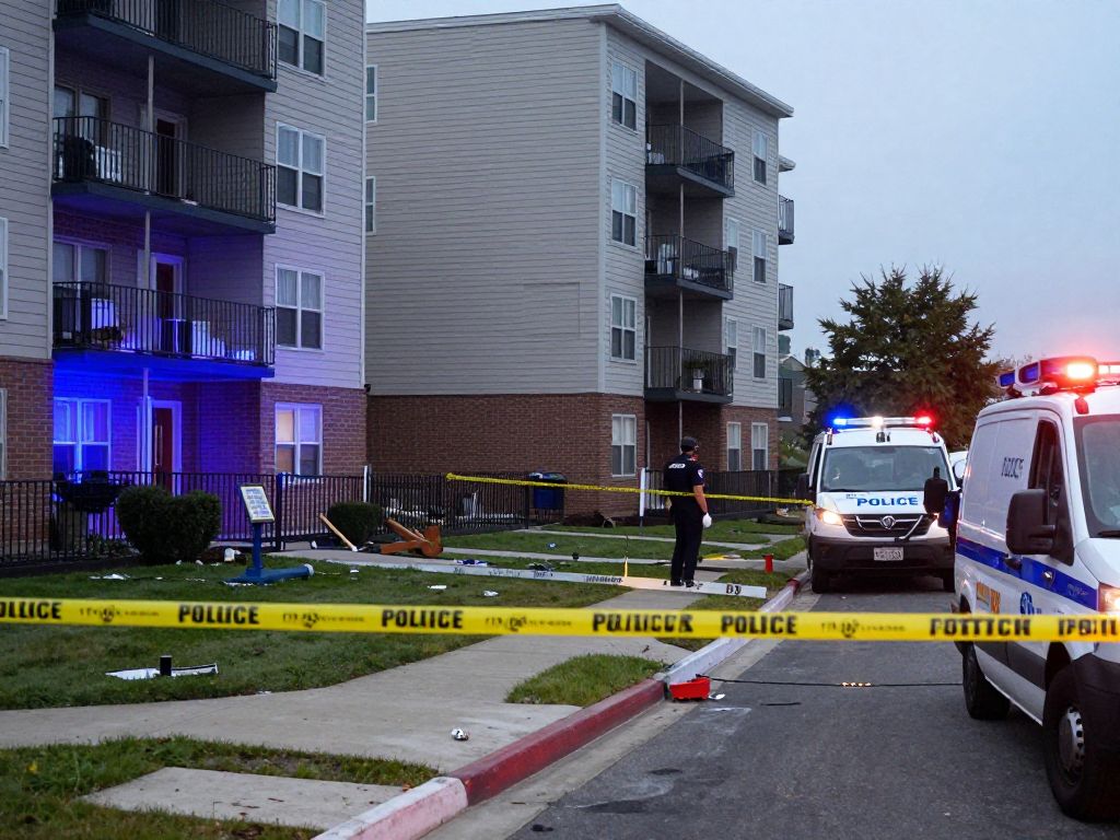 Scene of a shooting incident at an apartment complex with police presence