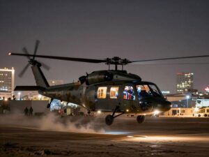 Night view of military training exercises with helicopters in the Phoenix area