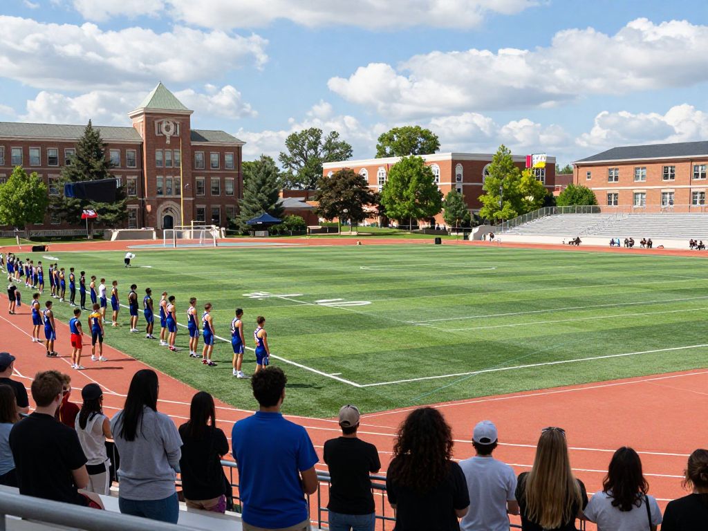 A diverse group of people supporting their local university sports team.