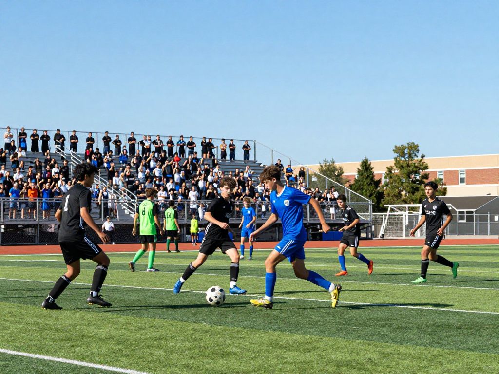Exciting moment during a high school soccer match with players competing fiercely.