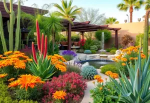 Lush oasis garden in Phoenix with desert plants and shade structures.