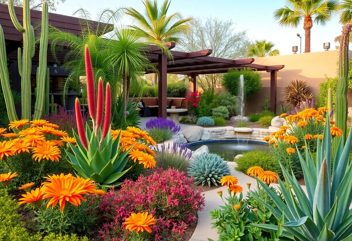 Lush oasis garden in Phoenix with desert plants and shade structures.