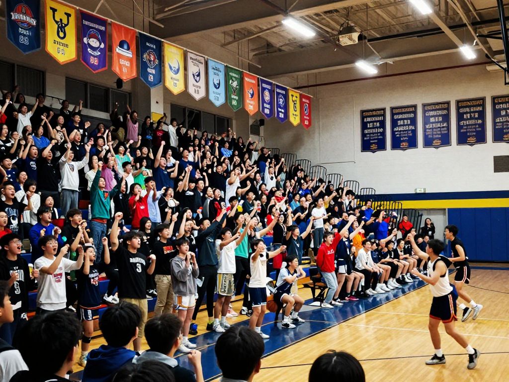 Crowd cheering in a high school basketball gym during a championship game.