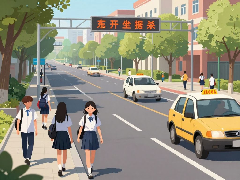 Traffic in a school zone with students and vehicles