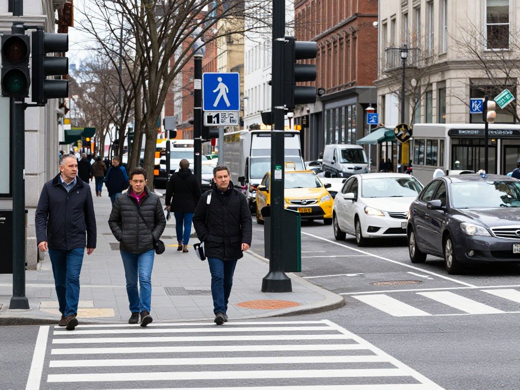 City street with pedestrians and vehicles, highlighting pedestrian safety concerns
