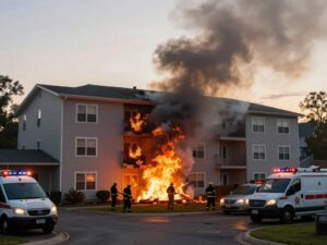 Firefighters combating a blaze at a Phoenix apartment complex