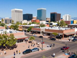 Cityscape of Phoenix highlighting economic growth with businesses and residents.