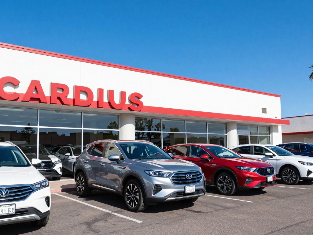 Exterior view of a car dealership in Phoenix with various vehicles on display under a clear blue sky.
