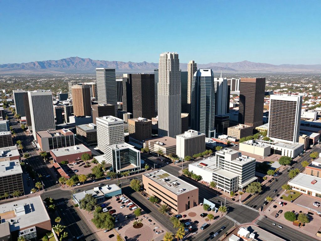 Aerial view of Phoenix AZ business district with modern buildings.
