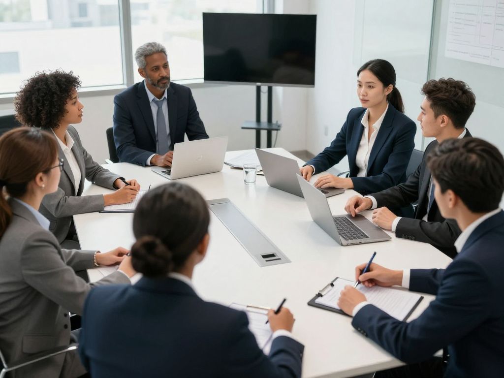 Business professionals engaged in a discussion about cancer prevention initiatives.