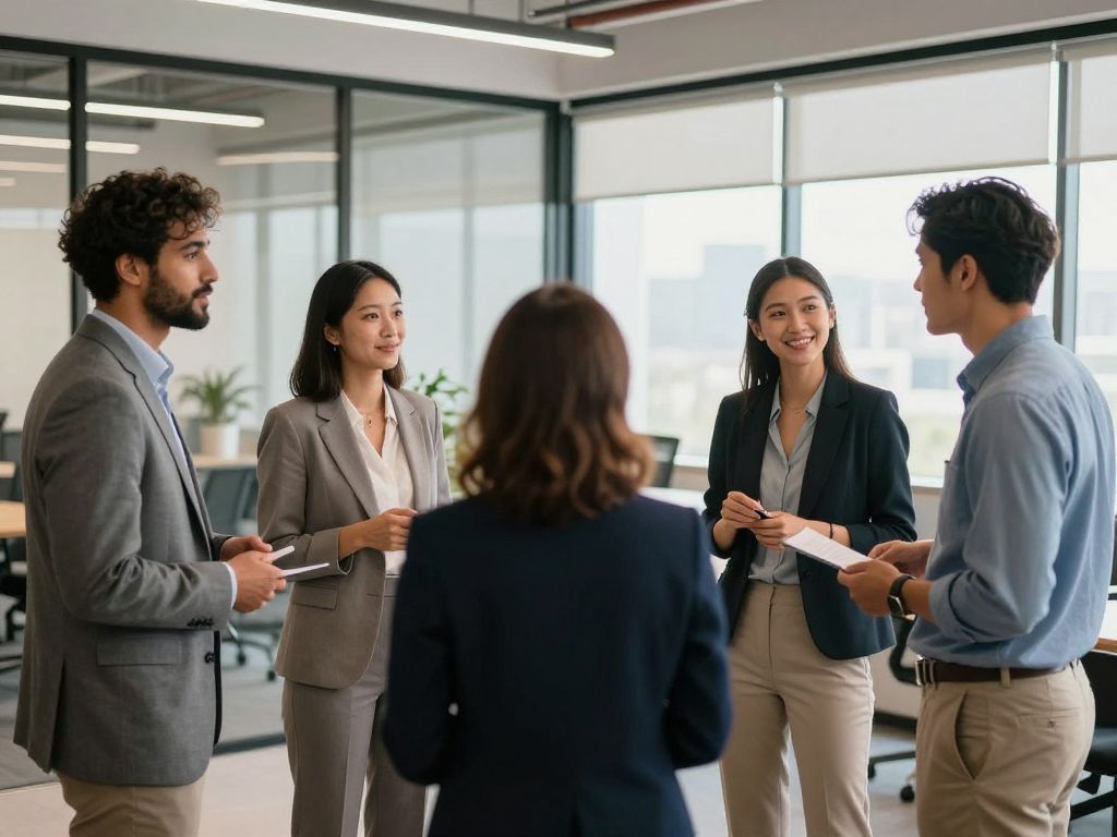 Diverse business professionals networking in Phoenix office.