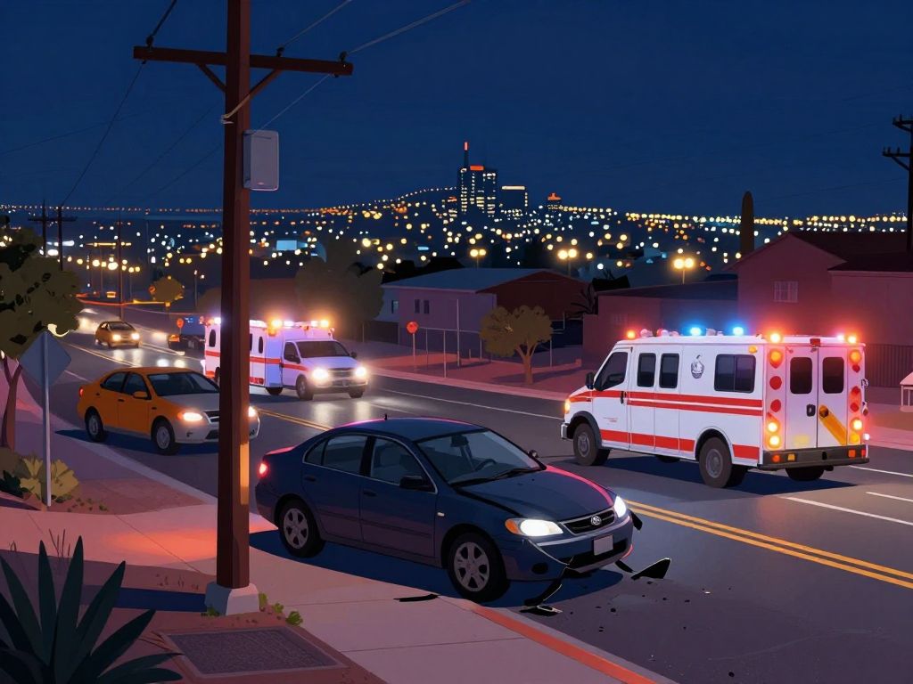 Car crash scene with a power pole in Phoenix at night