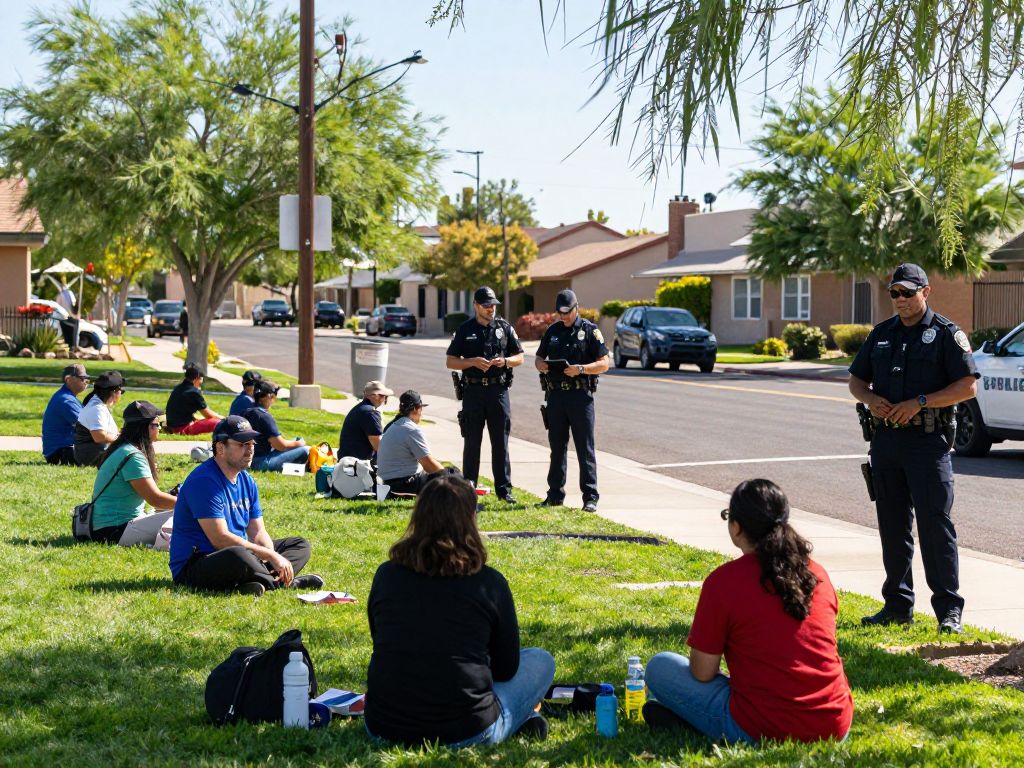 A vibrant and safe neighborhood in Phoenix with community members interacting.