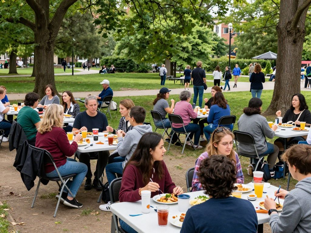 Community members enjoying pancakes and discussing at a local event in Phoenix.