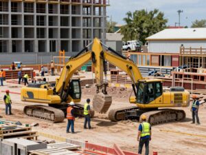 Construction workers and heavy machinery in Phoenix, symbolizing infrastructure expansion.