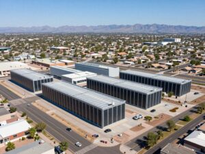 Aerial view of a modern data center surrounded by residential areas in Phoenix