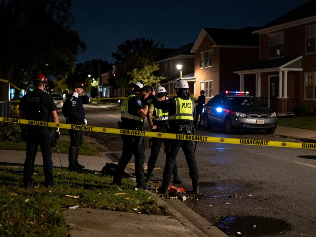 Police tape surrounding a residential area indicating a crime scene.
